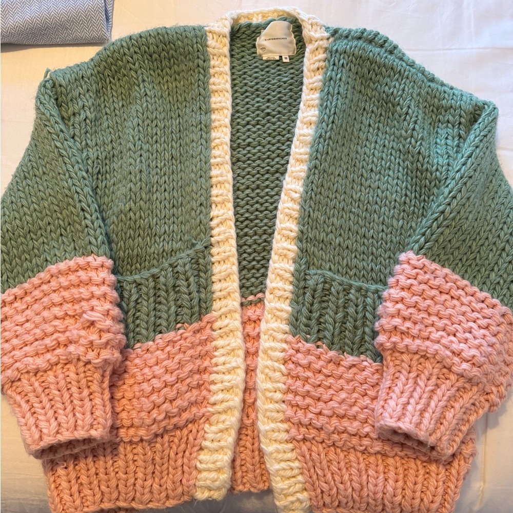 Anthropologie Green and Pink Knit Cardigan